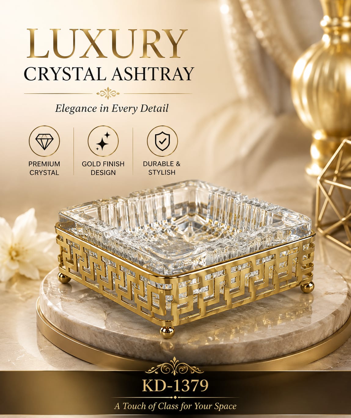 Luxury Metal & Crystal Ashtray – Elegant Decorative Cigarette Ash Tray