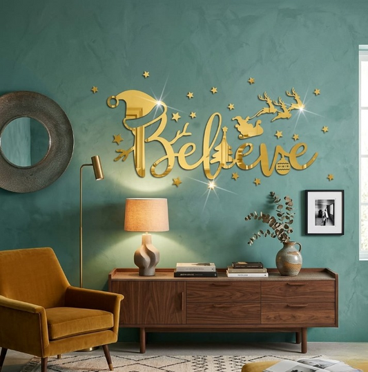 Acrylic Mirror "Believe" Wall Decoration – Large 3D Inspirational Wall Art Sticker Decals (2x6 Feet) - Golden