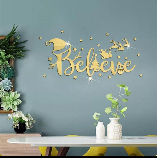 Acrylic Mirror "Believe" Wall Decoration – Large 3D Inspirational Wall Art Sticker Decals (2x6 Feet) - Golden