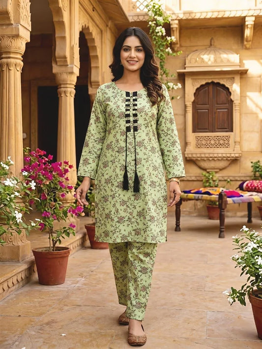 Summer Printed 2Pcs Women's Cotton Lawn Shirt & Trouser Multicolor Large