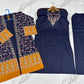 Blue Embroidered 3Pcs Women Cotton Gown Suit Set