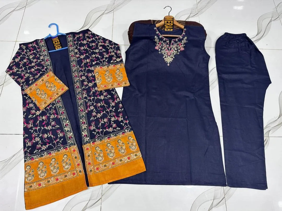 Blue Embroidered 3Pcs Women Cotton Gown Suit Set