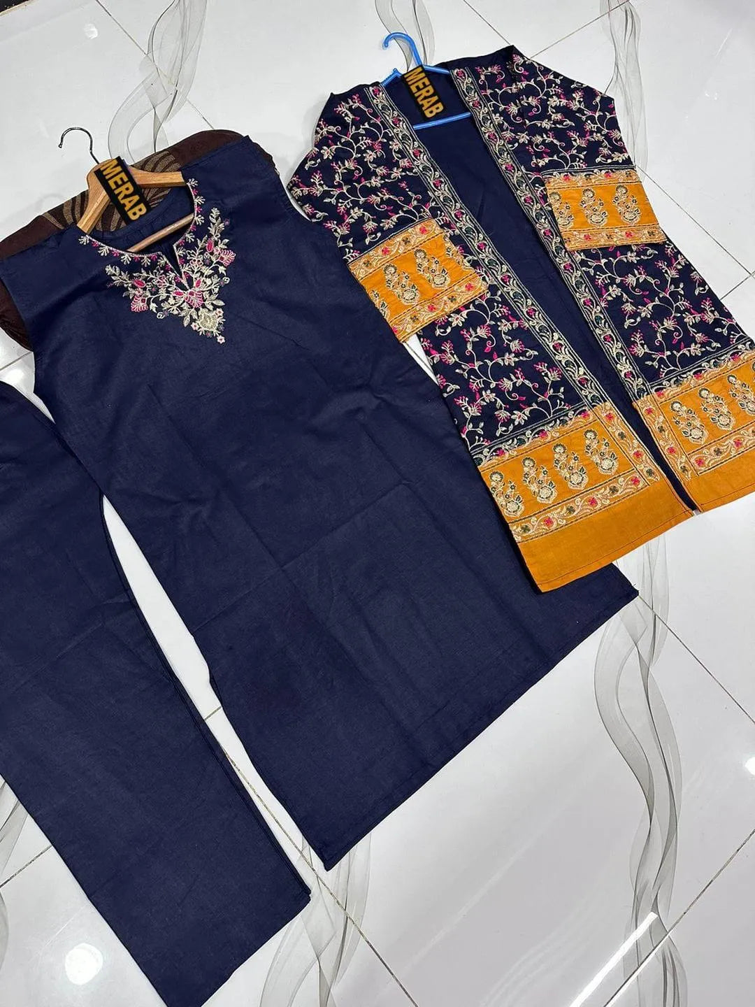 Blue Embroidered 3Pcs Women Cotton Gown Suit Set