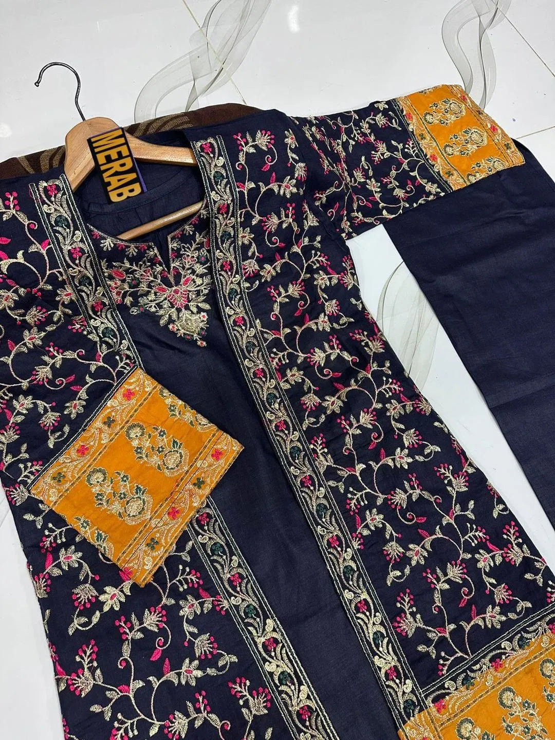 Blue Embroidered 3Pcs Women Cotton Gown Suit Set