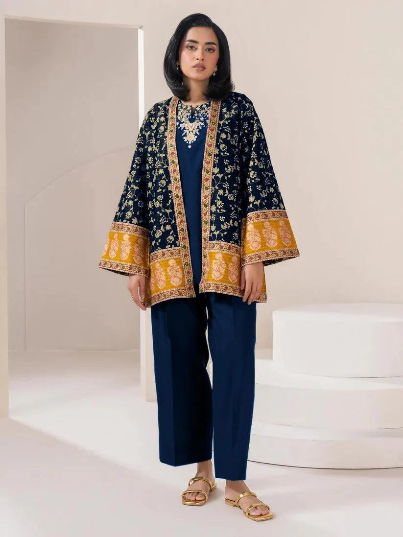 Blue Embroidered 3Pcs Women Cotton Gown Suit Set