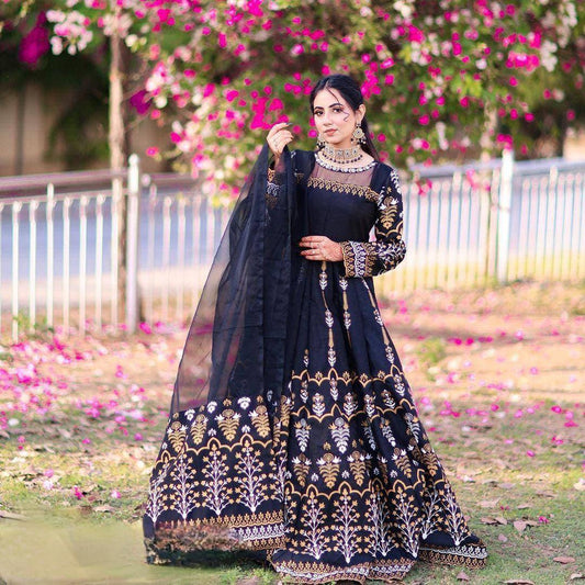 Black Katan Silk Block Printed Maxi Suit 3 Pcs Set